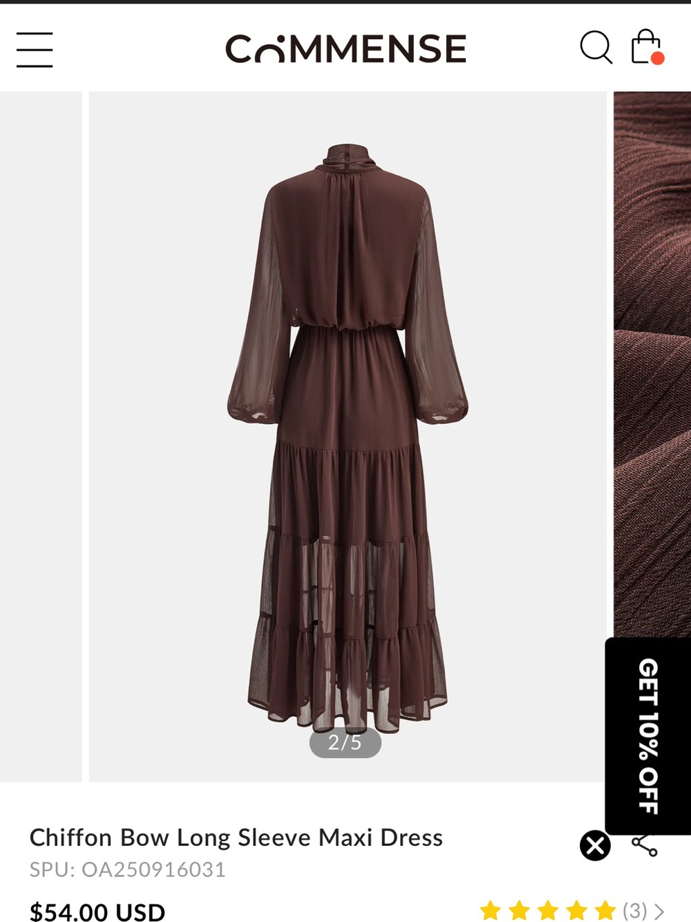 Commense Chocolate Brown Chiffon Bow-Tie Long Sleeve Maxi Dress - Picture 2 of 2